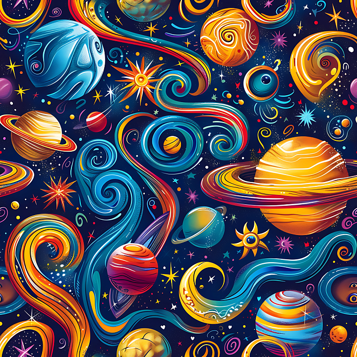 Stylized Space Featuring Colorful Planets & Swirling Cosmic Patterns seamless PBR texture preview
