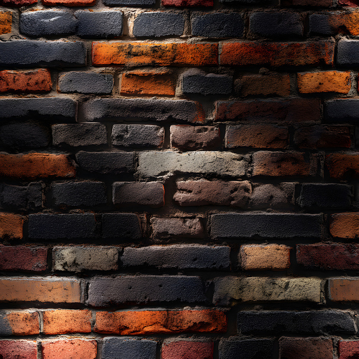 Cracked and Weathered Brick Wall with Varied Dark and Orange Hues seamless PBR texture preview