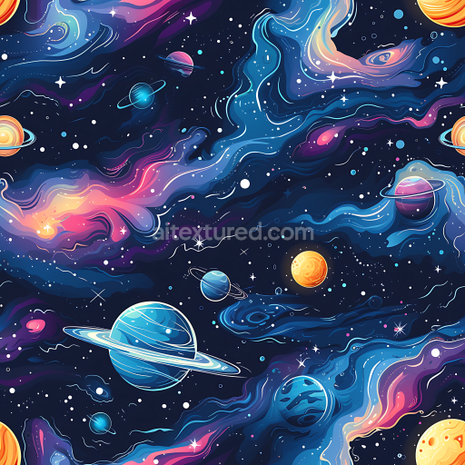 Seamless 3D Space PBR Texture with Vibrant Nebula Clouds and Ringed Planets