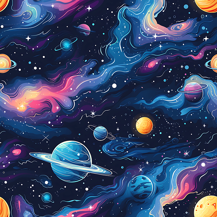 Space with Vibrant Nebula Clouds and Ringed Planets seamless PBR texture preview
