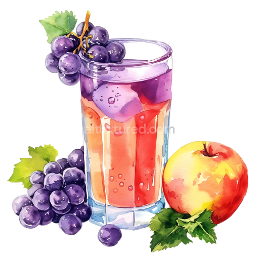 Watercolor Breakfast Glass of Grape and Apple Juice with Fresh Fruits