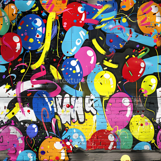 Seamless 3D PBR Graffiti Texture Featuring Colorful Balloon Motifs on Brick Wall