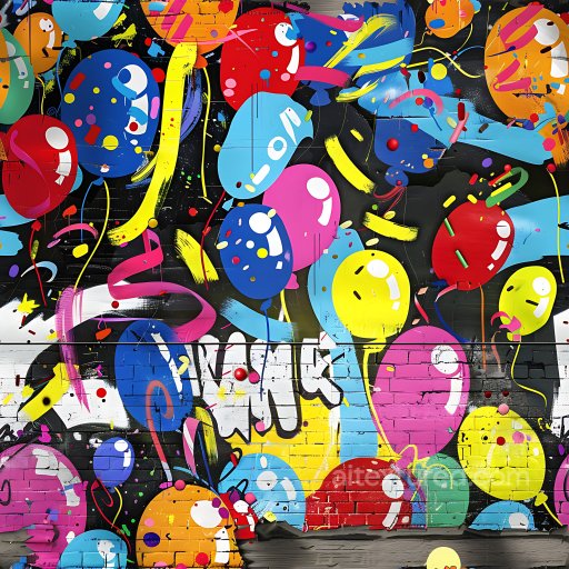 Seamless 3D PBR Graffiti Texture Featuring Colorful Balloon Motifs on Brick Wall texture preview
