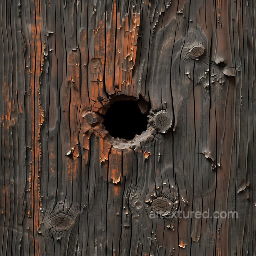 Burned Wooden Texture with Deep Cracks and Hole Damage seamless Cracked & Holes PBR texture