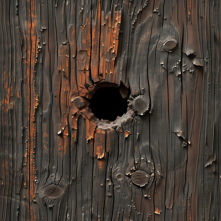 Burned Wooden with Deep Cracks and Hole Damage Wood seamless PBR texture preview
