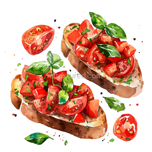 Watercolor Bruschetta with Fresh Tomato and Basil Breakfast Illustration