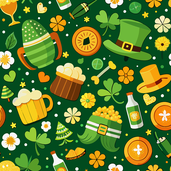 with vibrant St Patrick’s Day icons and green background seamless PBR texture preview