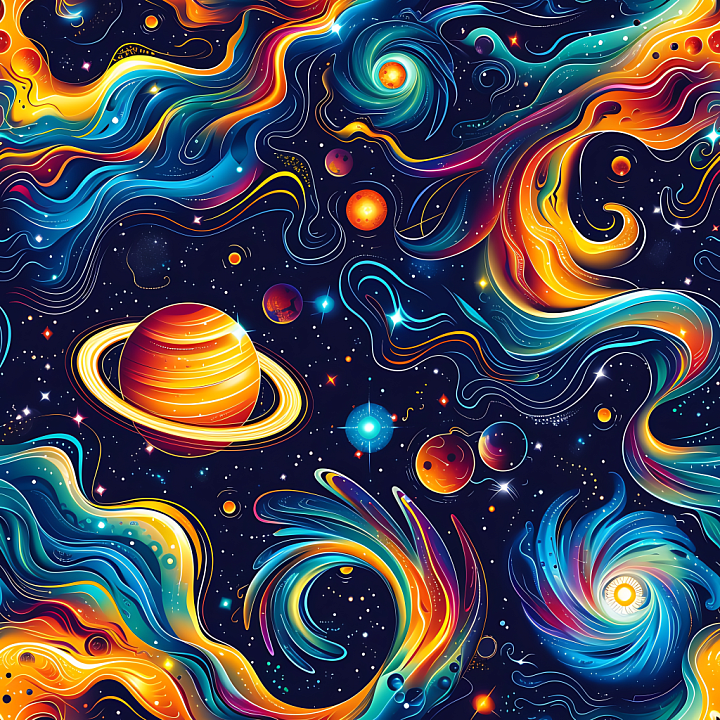Space Featuring Swirling Nebulae and Vibrant Planetary Bodies seamless PBR texture preview