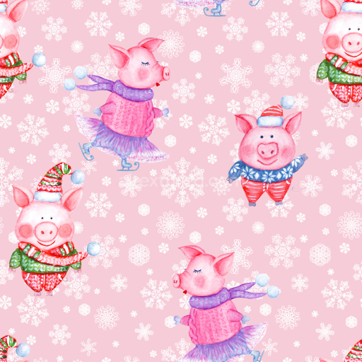 Seamless 3D PBR Texture of Cute Christmas Pigs on Pink Background
