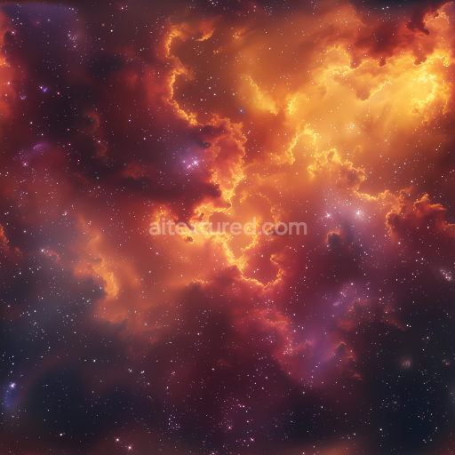Seamless 3D Space PBR Texture Featuring Fiery Orange Nebula with Starfield