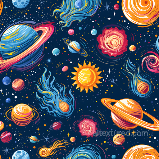 Cosmic Space Texture with Cartoon Planets and Nebulae seamless Star, space, planets PBR texture