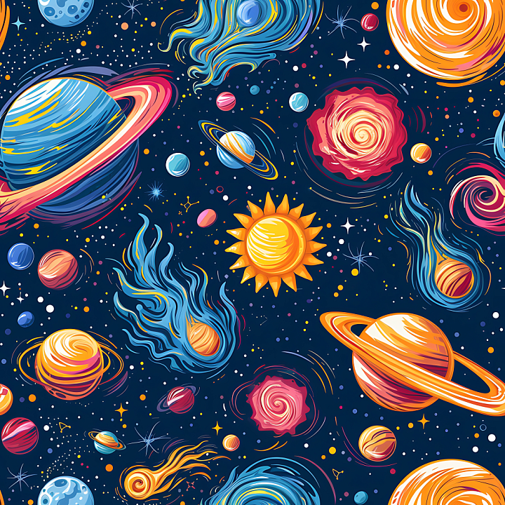 Cosmic Space with Cartoon Planets and Nebulae seamless PBR texture preview