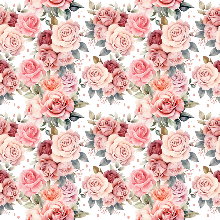 Pattern with Soft Pink Rose Clusters and Delicate Leaves seamless PBR texture preview
