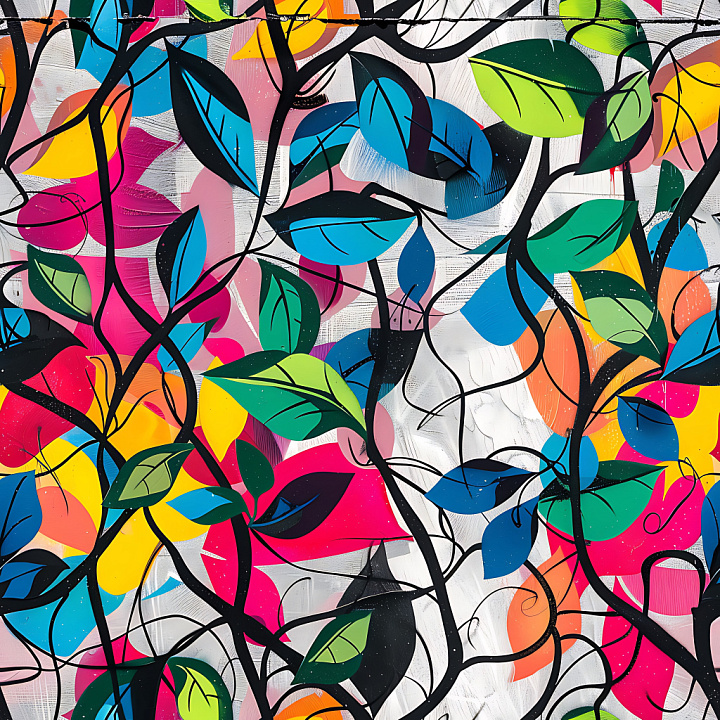 Colorful Leaf Graffiti with Organic Vines seamless PBR texture preview
