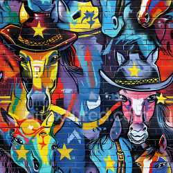 seamless Seamless 3D PBR Graffiti Texture Featuring Vibrant Western Horse Artwork on Brick Wall texture 8k free download PBR