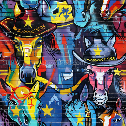 Seamless 3D PBR Graffiti Texture Featuring Vibrant Western Horse Artwork on Brick Wall