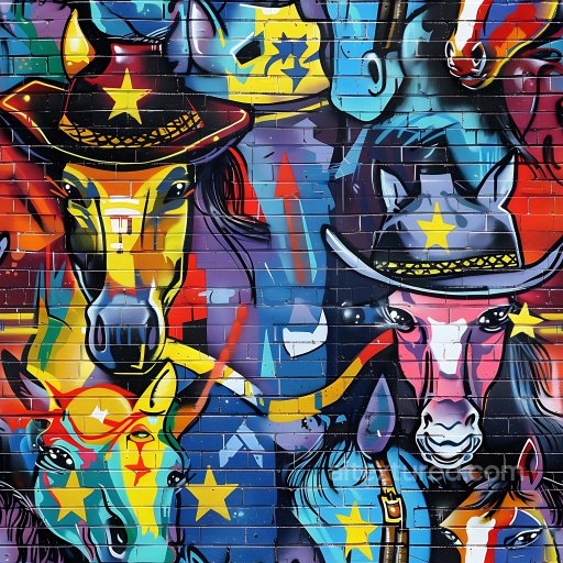 Seamless 3D PBR Graffiti Texture Featuring Vibrant Western Horse Artwork on Brick Wall texture preview