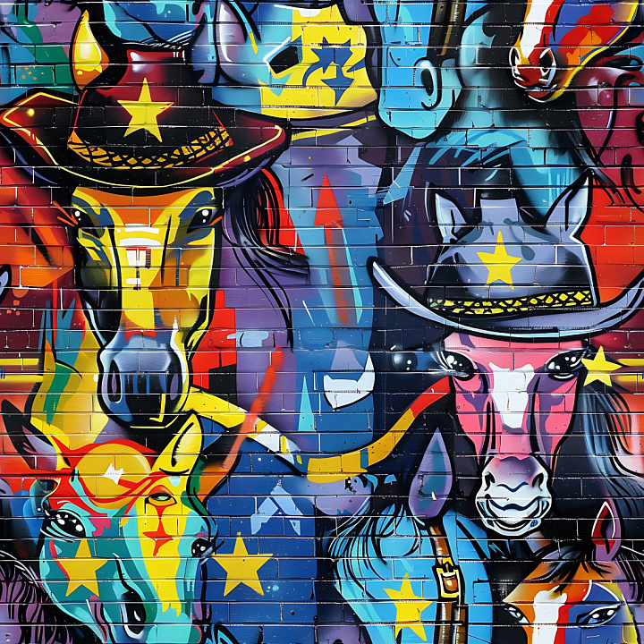 Graffiti Featuring Vibrant Western Horse Artwork on Brick Wall seamless PBR texture preview