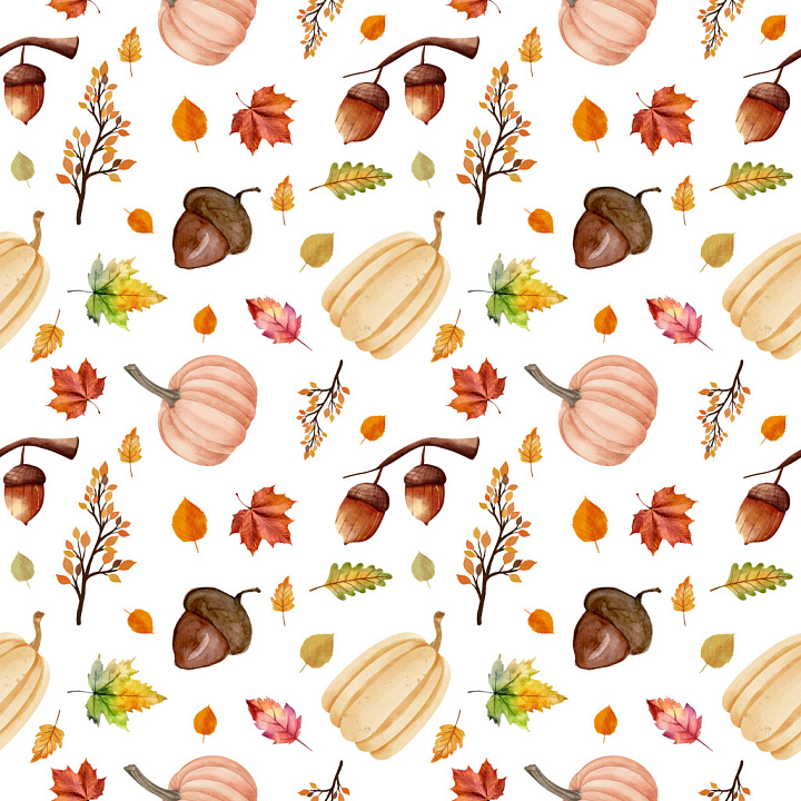 Pattern with Watercolor Fall Leaves, Acorns, and Pumpkins seamless PBR texture preview