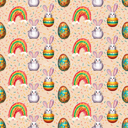 Seamless 3D PBR Texture with Playful Easter Bunnies, Rainbows, and Patterned Eggs