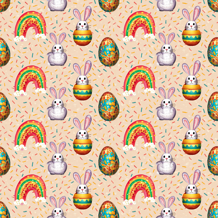 Featuring Colorful Easter Eggs, Bunnies, and Rainbows seamless PBR texture preview
