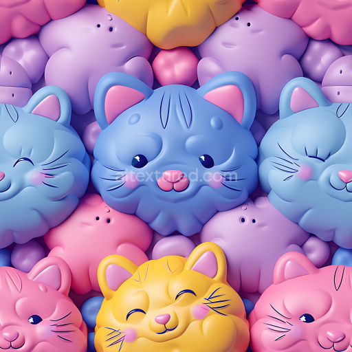 Seamless 3D Inflated PBR Texture Featuring Colorful Puffy Cat Faces