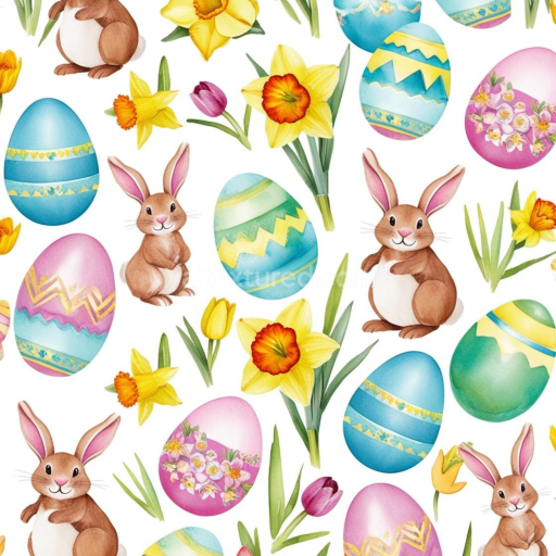 Seamless 3D PBR texture of hand-painted Easter eggs, rabbits, and spring flowers