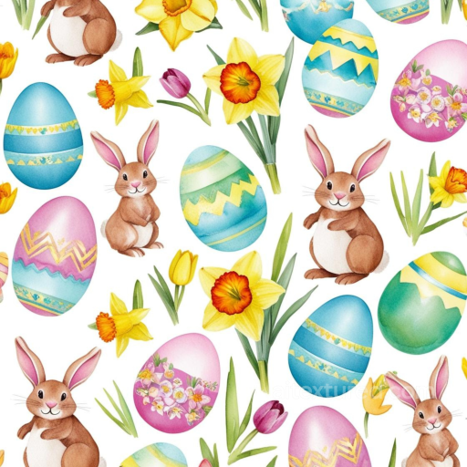 Of Hand-Painted Easter Eggs, Rabbits, And Spring Flowers seamless All Easter Digital paper PBR texture