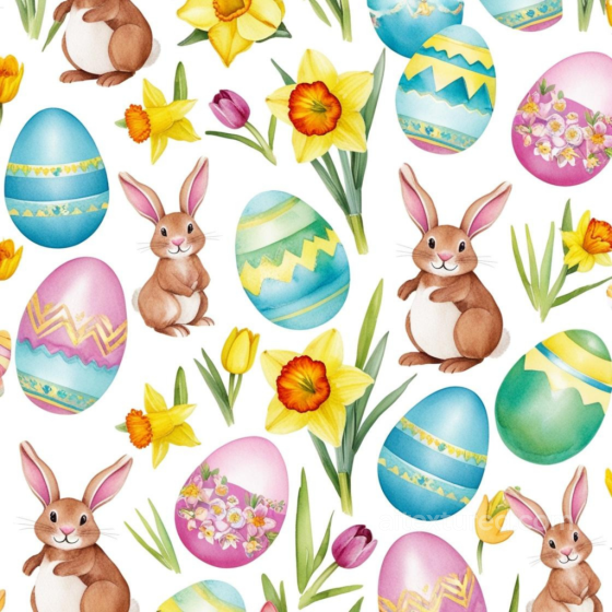 Of Hand-Painted Easter Eggs, Rabbits, And Spring Flowers All Easter Digital paper texture preview