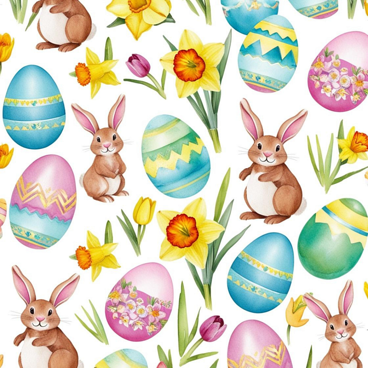 All Easter Digital paper of Colorful Easter Eggs, Bunnies & Flowers seamless PBR texture preview