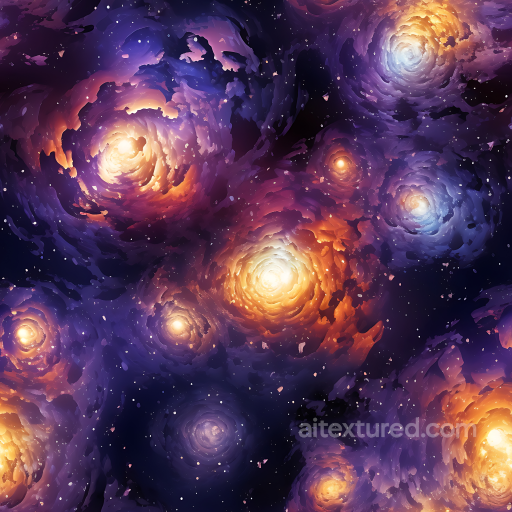 Star, Space, Planets Texture of Spiral Nebula Galaxy Clouds with Vibrant Glowing Cores seamless Star, space, planets PBR texture