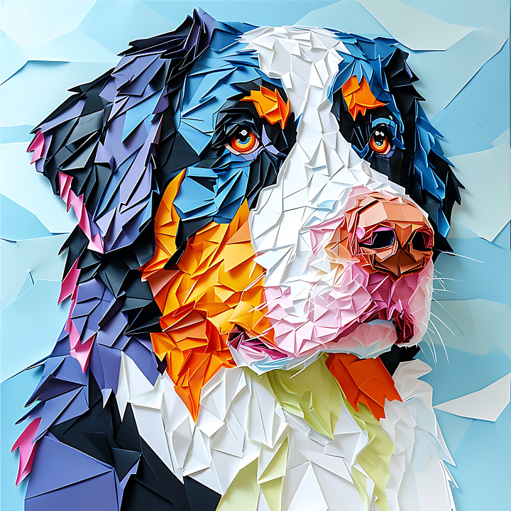 Animal of Bernese Mountain Dog Origami Style with Geometric Colorful Fur seamless PBR texture preview