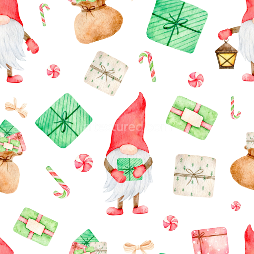 Seamless 3D PBR Texture with Watercolor Christmas Gnomes and Gifts