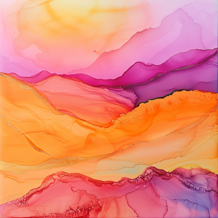 Alcohol Ink Featuring Vibrant Orange and Pink Fluid Waves seamless PBR texture preview