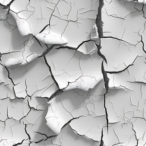 Seamless 3D Cracked White Plaster PBR Texture with Deep Fractures and Peeling Surface