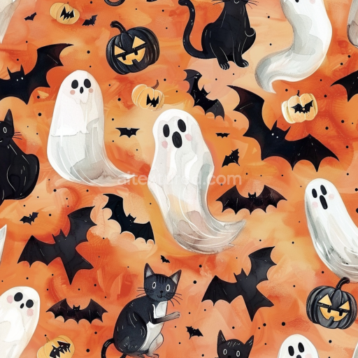 Seamless 3D PBR Watercolor Halloween Texture Featuring Ghosts, Black Cats, Bats, and Pumpkins