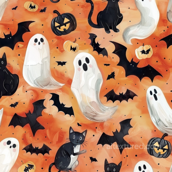 Watercolor Halloween Texture Featuring Ghosts, Black Cats, Bats, and Pumpkins Watercolor Halloween texture preview