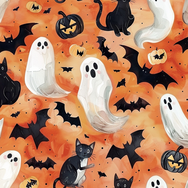 Watercolor Halloween Featuring Ghosts, Black Cats, Bats, and Pumpkins seamless PBR texture preview