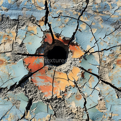 Seamless 3D Cracked Painted Concrete PBR Texture with Large Central Hole and Weathered Surface