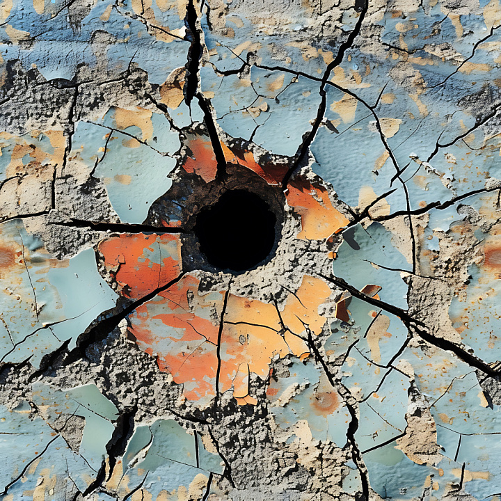 Cracked Painted Concrete with Large Central Hole and Weathered Surface seamless PBR texture preview