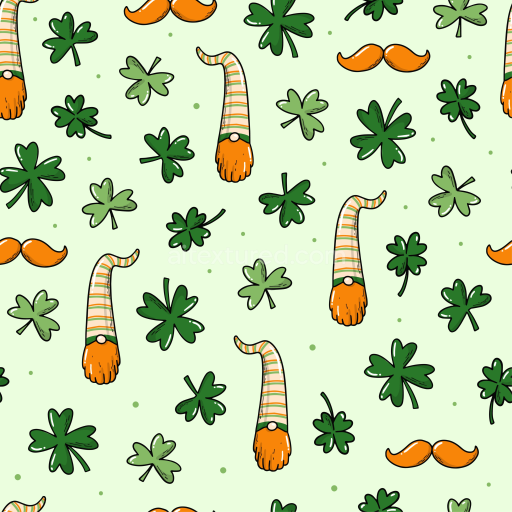 Seamless 3D PBR texture with playful St Patrick clovers and gnome elements