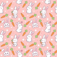 Seamless 3D Pattern PBR Texture with Playful Bunny and Carrot Motifs on Soft Pink texture preview