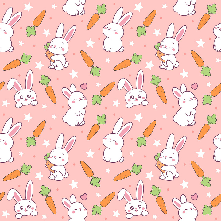 Pattern with Playful Bunny and Carrot Motifs on Soft Pink seamless PBR texture preview