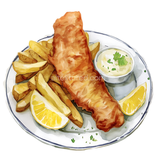 Fish and Chips Breakfast Plate Illustration with Chips and Lemon Wedges