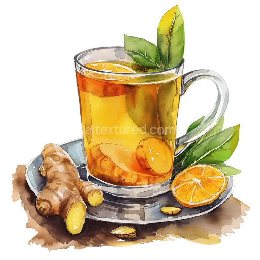 Watercolor Ginger Tea with Lemon and Fresh Leaves Breakfast Illustration