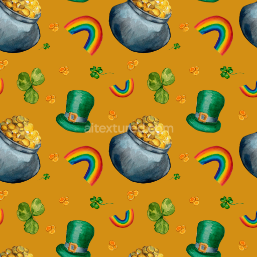 Seamless 3D PBR Digital Paper Texture with St Patrick Pot of Gold and Rainbow Pattern