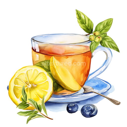 Watercolor Herbal Tea with Lemon Slices and Fresh Blueberries Breakfast Illustration