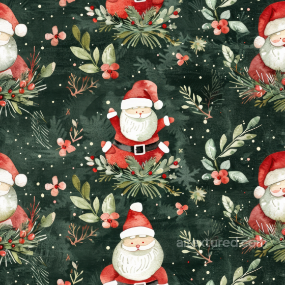 Watercolor Christmas Fabric Texture with Santa and Foliage Watercolor Christmas texture preview