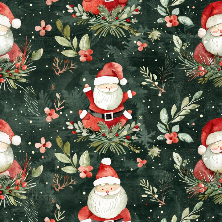 Watercolor Christmas Fabric with Santa and Foliage seamless PBR texture preview