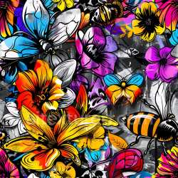 seamless Seamless 3D PBR Graffiti Texture Featuring Vibrant Flowers and Bee Illustrations texture 8k free download PBR